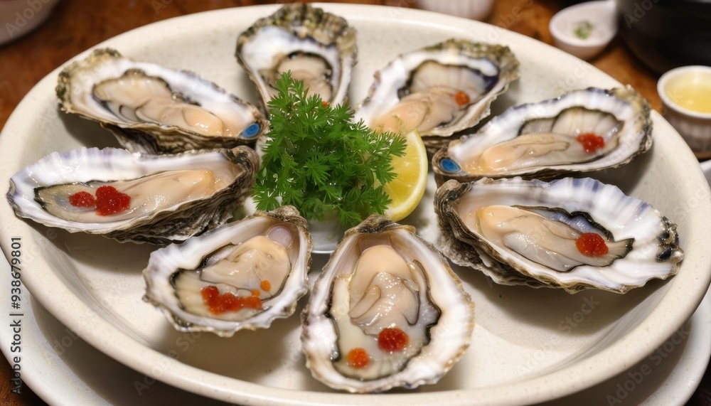 Deliciously fresh oysters on the half shell ready to be savored Deliciously fresh oysters on the half shell ready to be savored