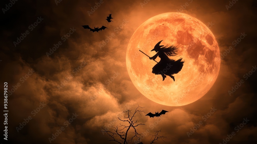 Halloween Witch Silhouette Flying in Front of Orange Moon with Bats and Dark Clouds - Spooky Night Scene, Generative Ai Halloween Witch Silhouette Flying in Front of Orange Moon with Bats and Dark Clouds - Spooky Night Scene, Generative Ai