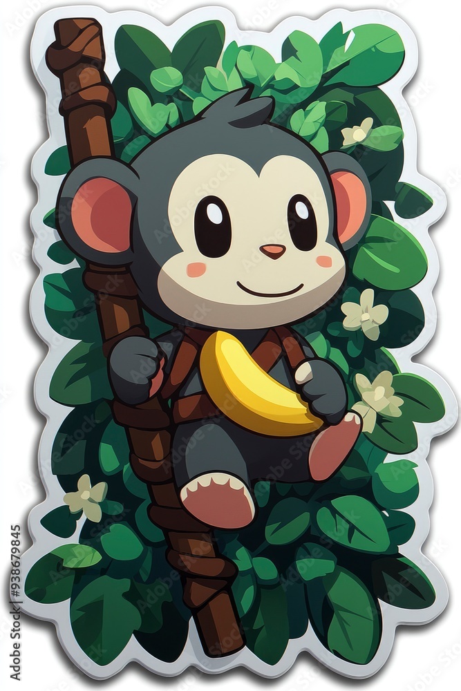 Cute Monkey Holding a Banana in a Jungle Setting Cute Monkey Holding a Banana in a Jungle Setting