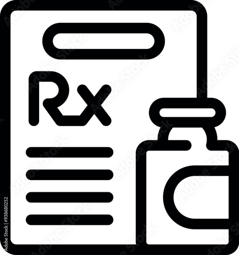 Line art icon of a medical prescription form with the rx symbol and a pill bottle, representing healthcare and medication