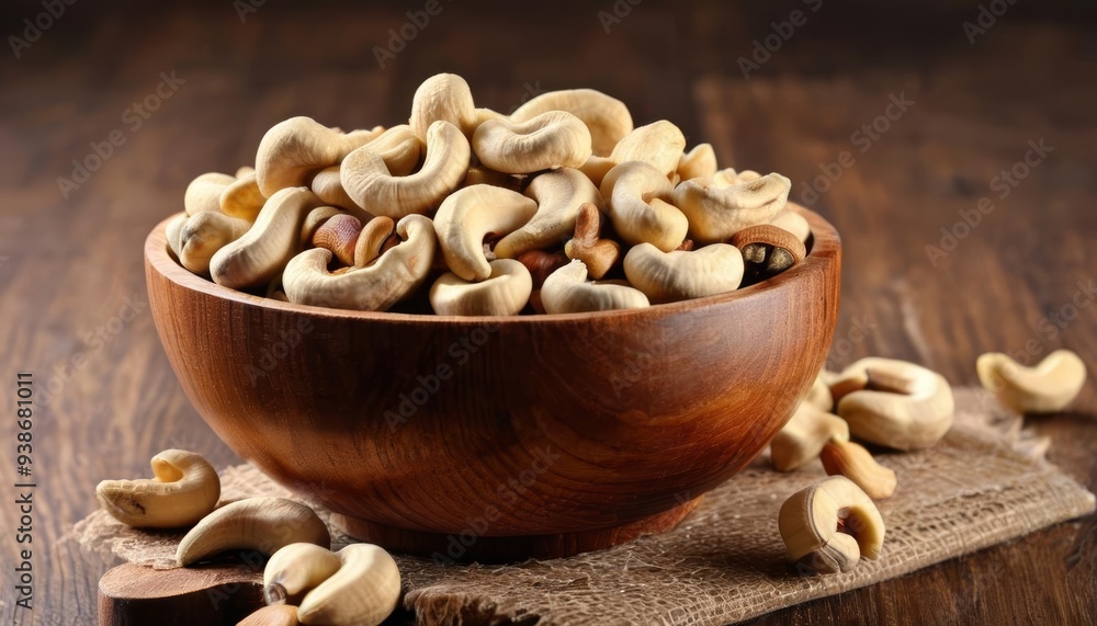 Deliciously roasted cashews in a wooden bowl Deliciously roasted cashews in a wooden bowl