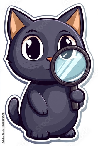 Cartoon Black Cat Holding a Magnifying Glass