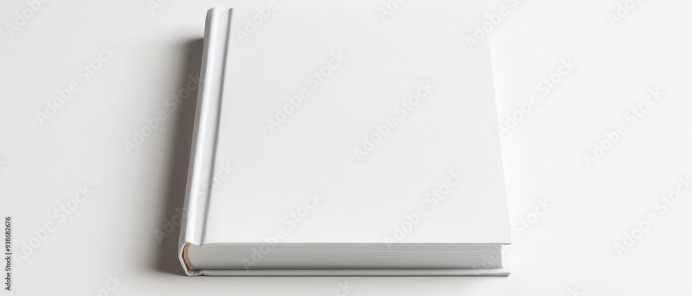A white book with a brown spine sits on a white table A white book with a brown spine sits on a white table
