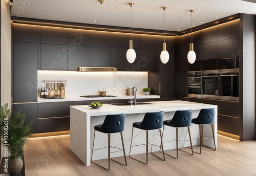 Residential interior of modern kitchen in luxury mansion, 3d rendering