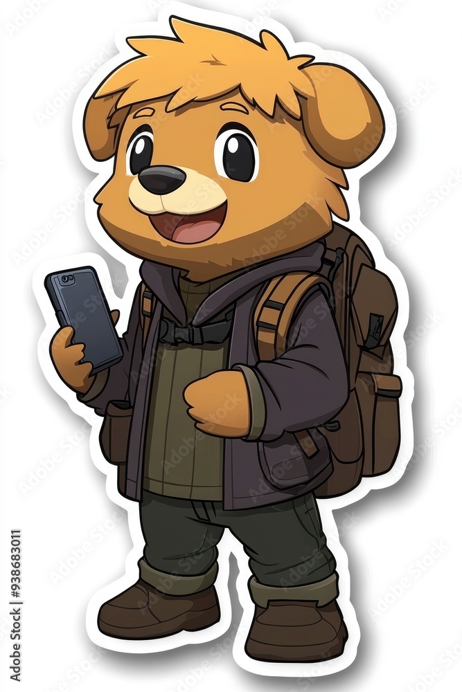 Obraz premium Cute Bear Character with Backpack Using Smartphone