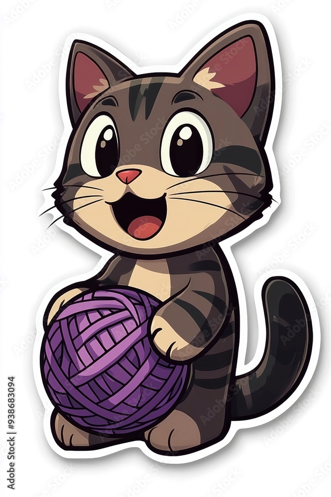 Obraz premium Cute Cartoon Cat Holding Yarn Ball