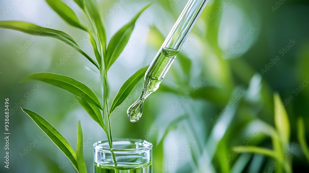 A close-up of a droplet falling from a pipette onto a plant in a test tube, symbolizing scientific research, biotechnology, and plant experiments