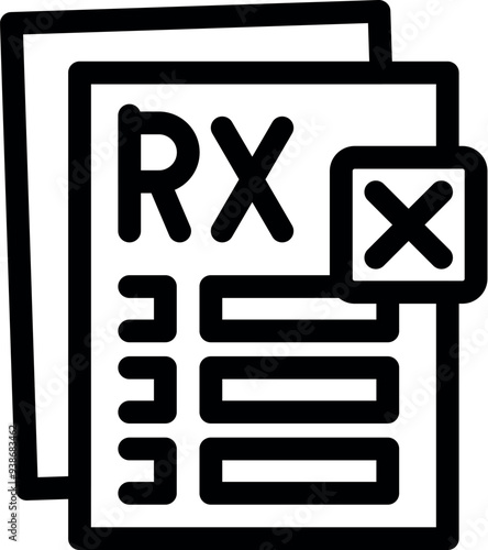 Bold graphic icon of a medical prescription form with the rx symbol being cancelled