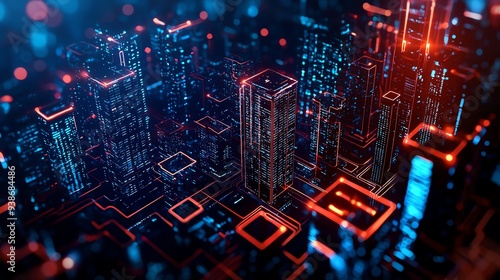 Wallpaper Mural Aerial view of a smart cityscape with holographic real estate valuation overlays, futuristic buildings, digital interface, neon glow, AIenhanced, night scene Torontodigital.ca