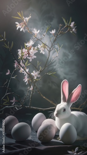 Easter bunny with eggs vertical background ai generated image
