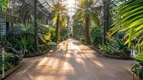 Serene Oasis: Tranquil Moments in an Empty Botanical Garden, Exotic Flora and Fauna, Sunlight Dappled on a Peaceful Pond Amidst Nature's Harmony.
 photo