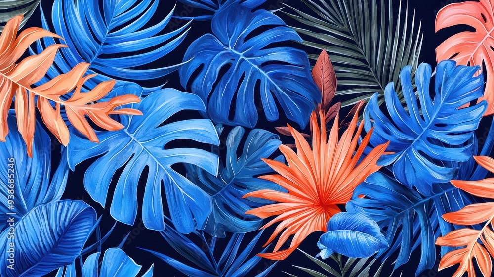 Tropical Leaves Pattern Blue and Orange Monstera Palm and Jungle Foliage Tropical Leaves Pattern Blue and Orange Monstera Palm and Jungle Foliage