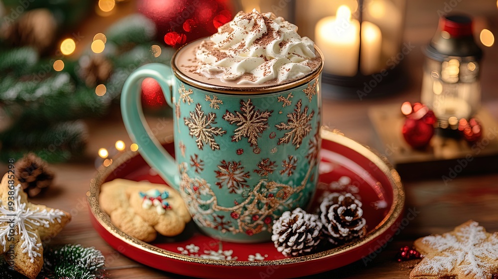 custom made wallpaper toronto digitalFestive Hot Chocolate Tabletop Display: Perfect Poster for Cozy Holiday Decor with Whipped Cream Mug, Holiday Cookies, Pine Cones, and a Glowing Lantern
