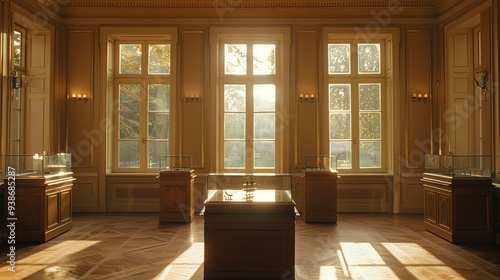 Serene Solitude: An Empty Museum Gallery at Dusk, Soft Light from Windows Illuminates the Walls, Reflecting the Tranquil Beauty of Art's Absence.

 photo