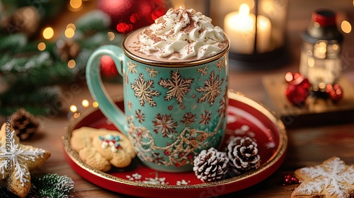 Wallpaper Mural Festive Hot Chocolate Tabletop Display: Perfect Poster for Cozy Holiday Decor with Whipped Cream Mug, Holiday Cookies, Pine Cones, and a Glowing Lantern Torontodigital.ca