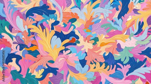 Abstract Floral Pattern with Colorful Leaves and Shapes