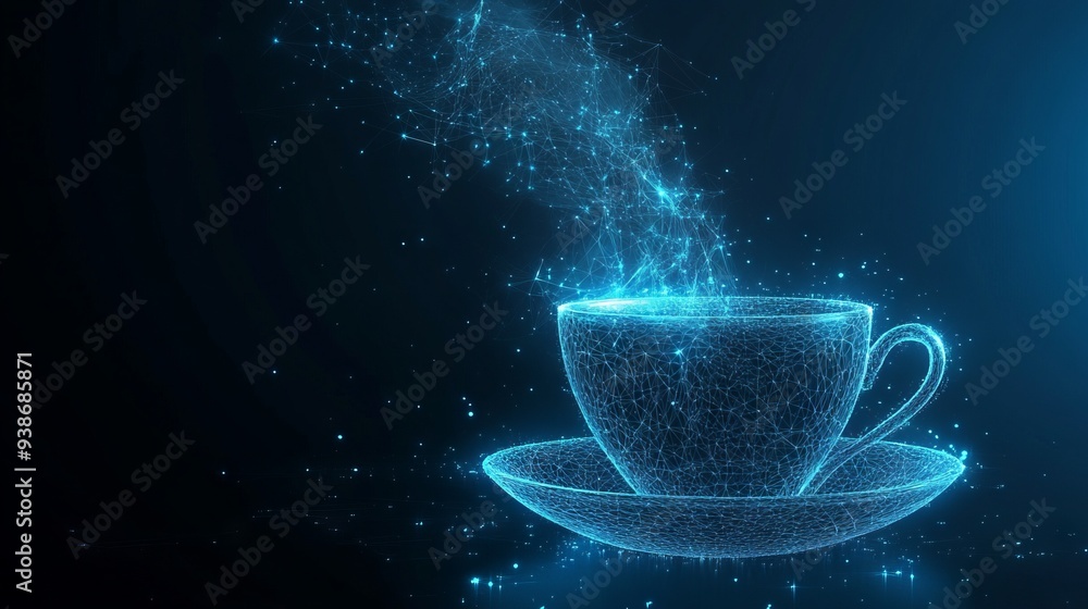 Coffee cup. Tea cup. With dark blue background. Low poly wireframe with lines, dots and glowing particles Coffee cup. Tea cup. With dark blue background. Low poly wireframe with lines, dots and glowing particles