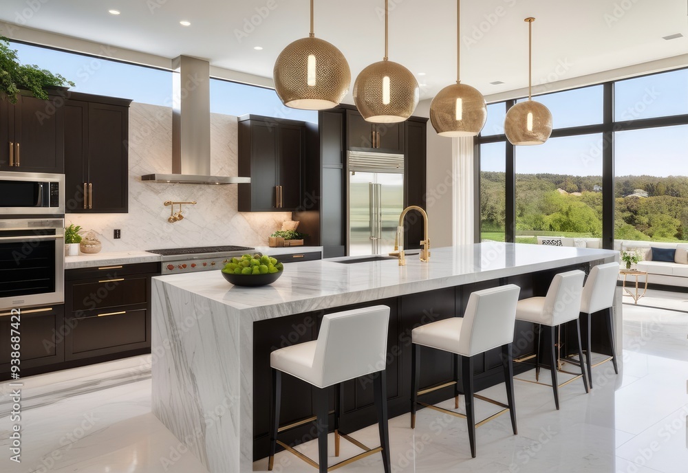 Residential interior of modern kitchen in luxury mansion, 3d rendering Residential interior of modern kitchen in luxury mansion, 3d rendering