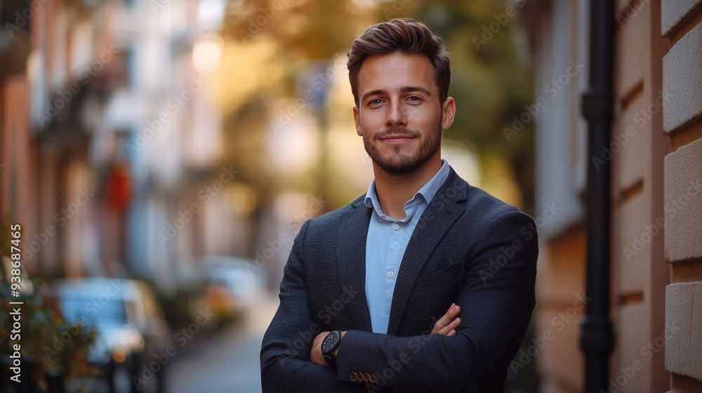 Happy young European professional business man, casual guy looking at camera. Confident smiling businessman, male entrepreneur, small business owner posing outdoors. Happy young European professional business man, casual guy looking at camera. Confident smiling businessman, male entrepreneur, small business owner posing outdoors.