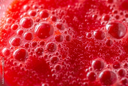 Close-Up of Bright Red Smoothie with Frothy Bubbles and Vibrant Color