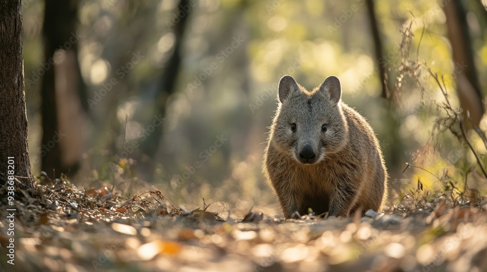 Fototapeta premium A Curious Wombat Standing in a Sun-Dappled Forest