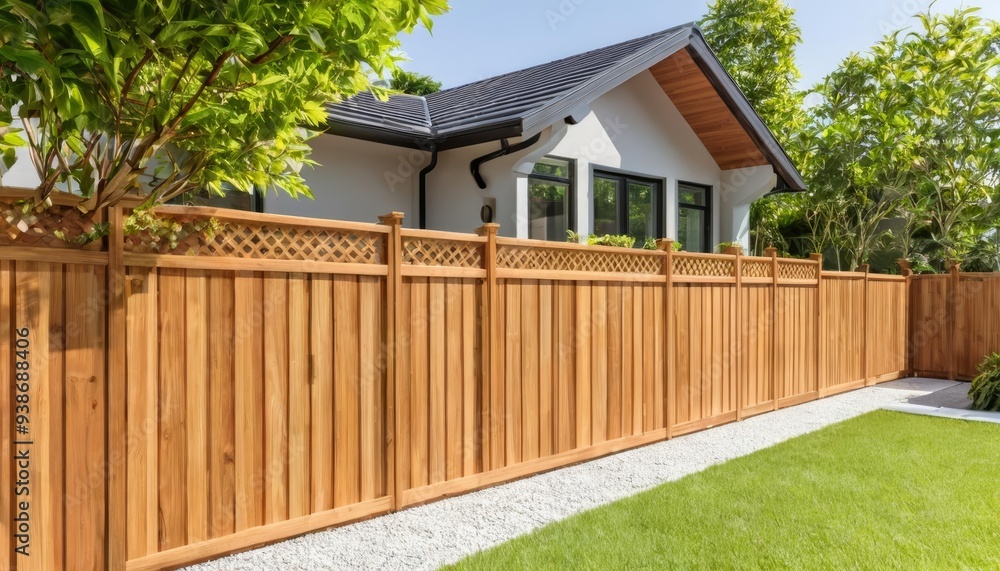 Serene backyard oasis with wooden fence and lush greenery Serene backyard oasis with wooden fence and lush greenery