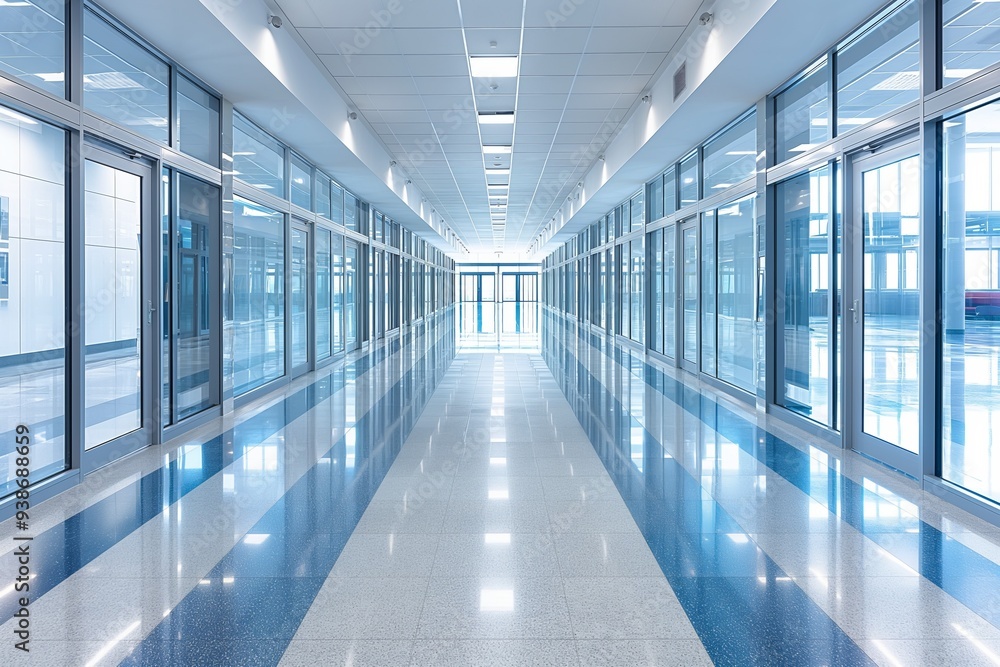 Empty corridor with glass doors reflecting light in modern office building Empty corridor with glass doors reflecting light in modern office building