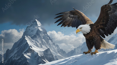 a bald eagle that is flying over a snowy mountain photo