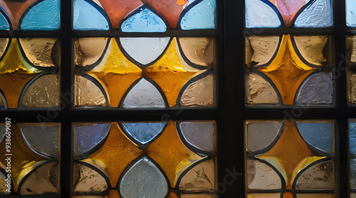 a close up of a stained glass window with a yellow and blue design