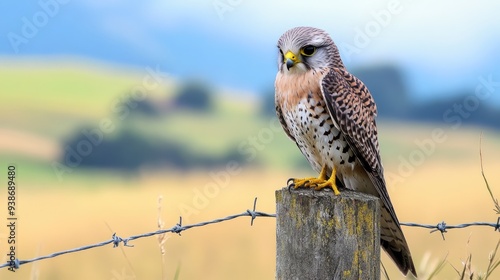 A Kestrel Perched on a Wooden Post with Barbed Wire photo