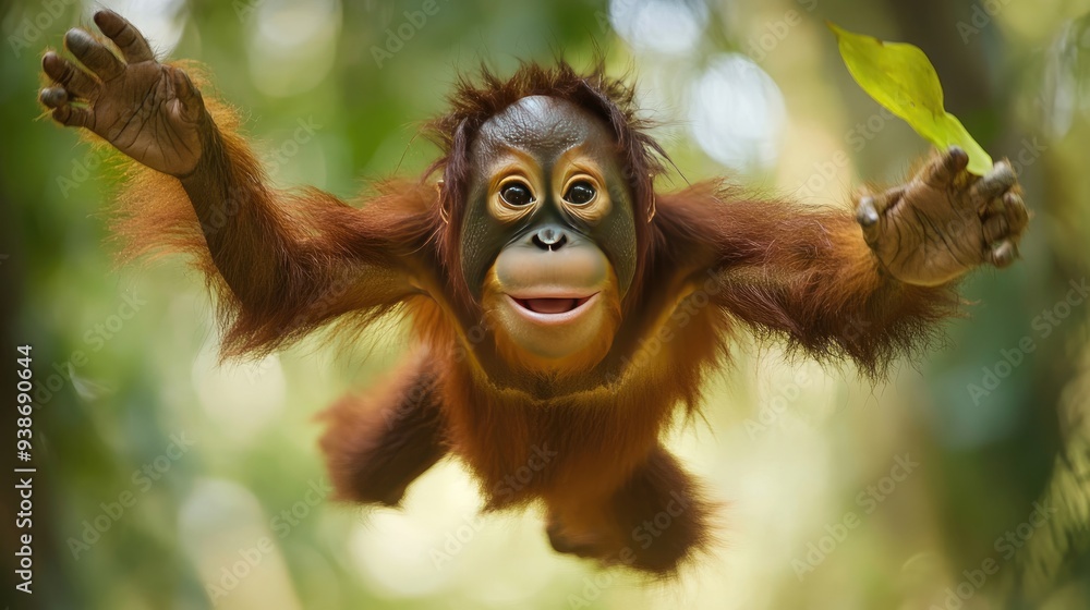 Obraz premium A Smiling Orangutan Suspended in Mid-Air with a Leaf Behind It