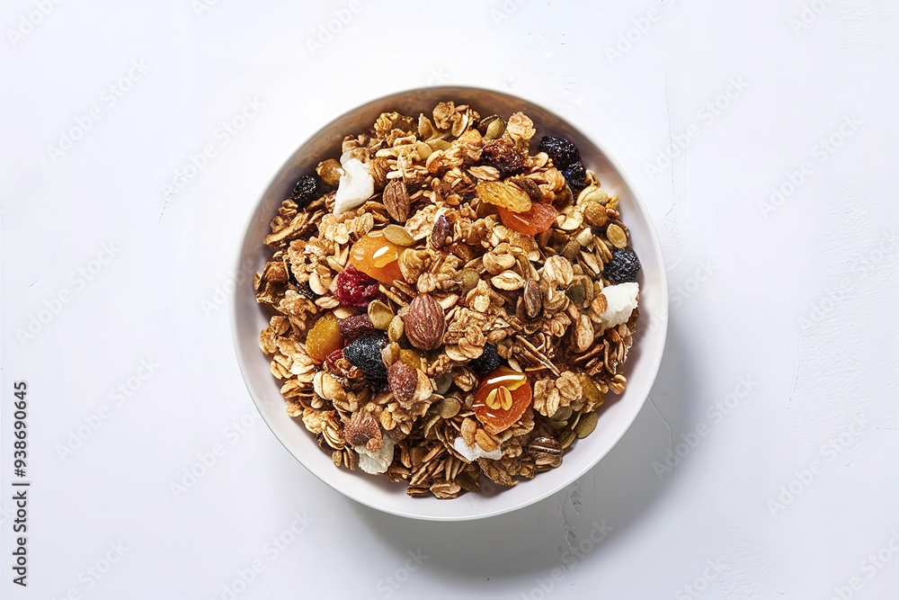A pristine white background isolates a beautifully presented bowl of granola A pristine white background isolates a beautifully presented bowl of granola