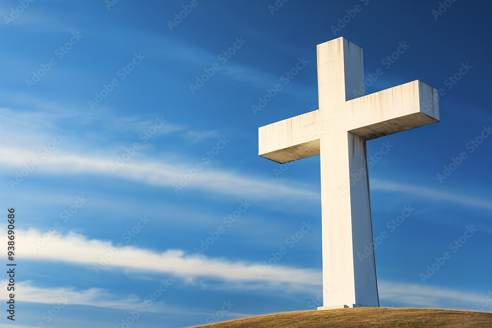 A striking high-quality photo of a massive white cross silhouetted against a deep blue sky A striking high-quality photo of a massive white cross silhouetted against a deep blue sky