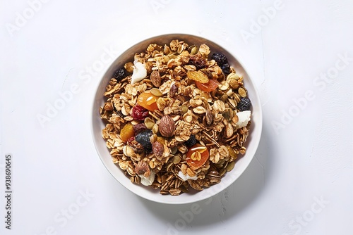 A pristine white background isolates a beautifully presented bowl of granola