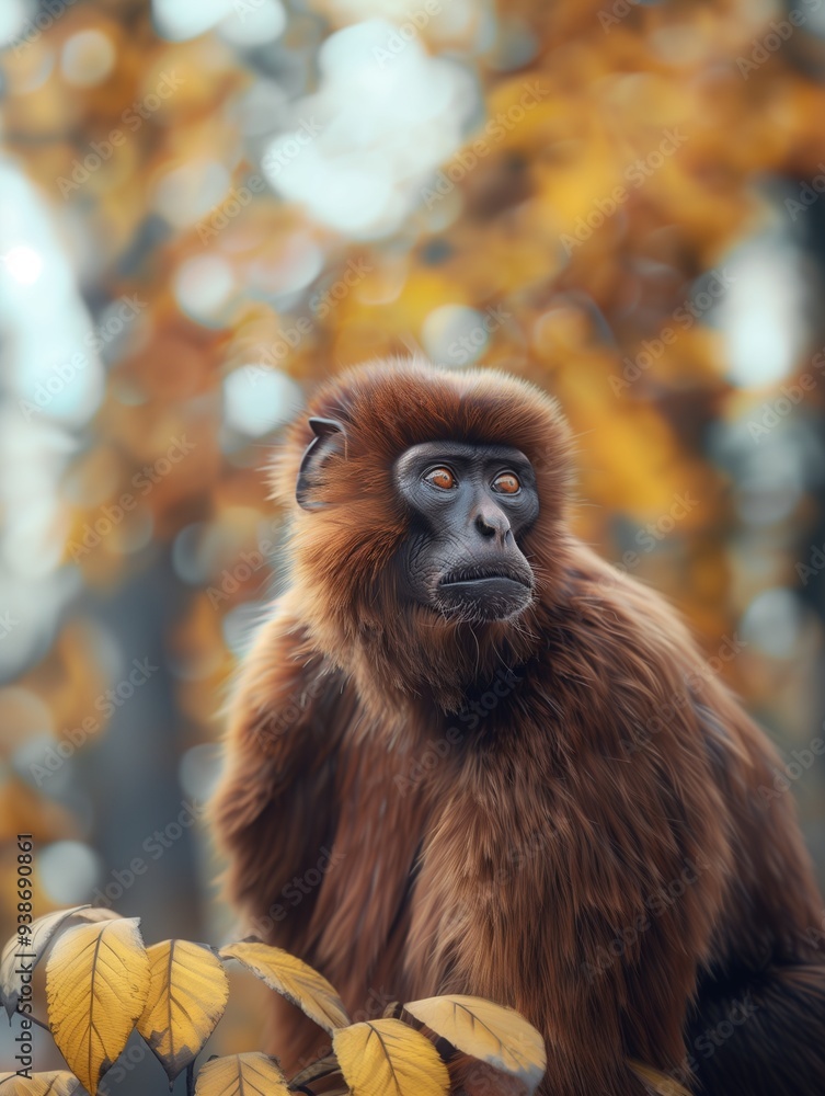 Obraz premium Brown woolly monkey, Lagothrix lagotricha, gazing in the tropical forest