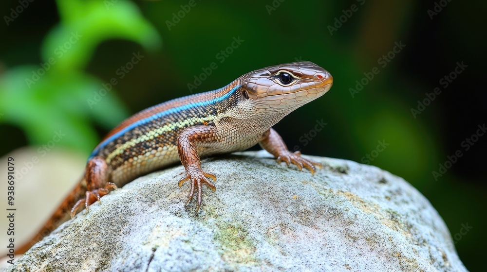 Fototapeta premium Blue-Striped Lizard Perched on a Gray Rock