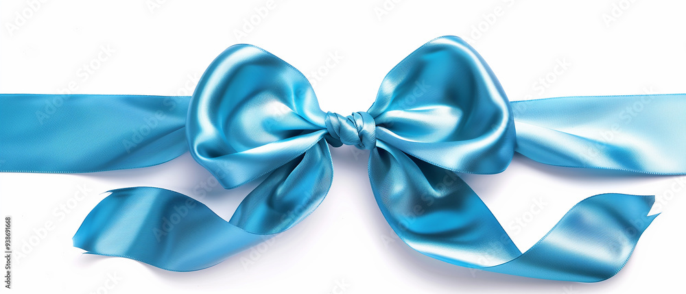 Naklejka premium A blue straight ribbon with a bow over a white background