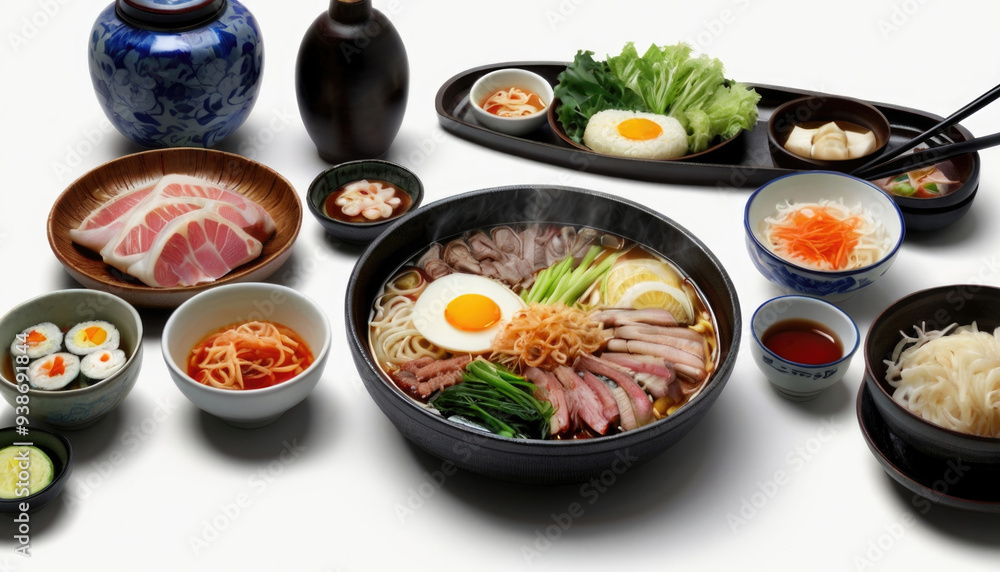 Japanese udon noodles with pork and egg in black bowl on white background Japanese udon noodles with pork and egg in black bowl on white background