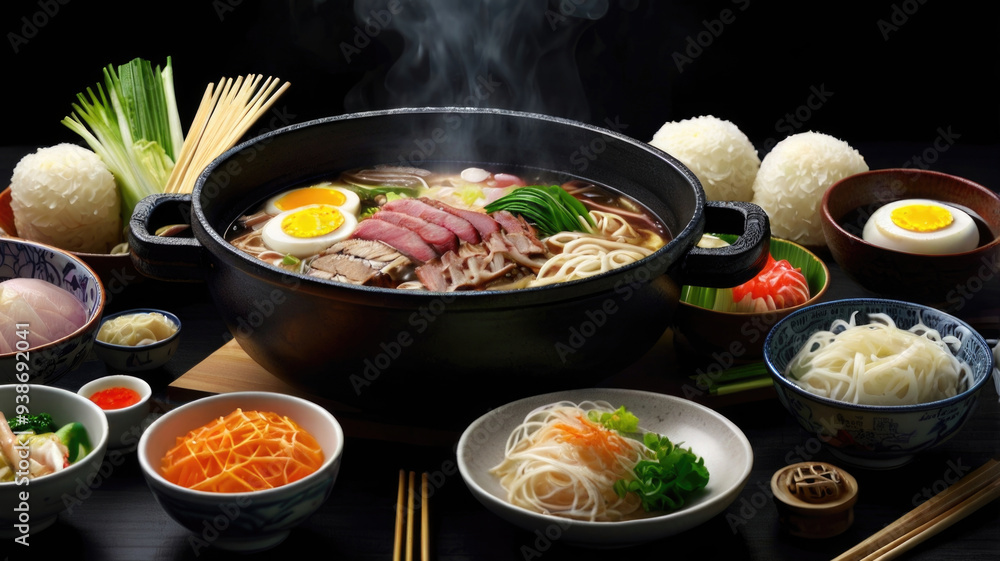 japanese noodle soup with beef and egg on black background