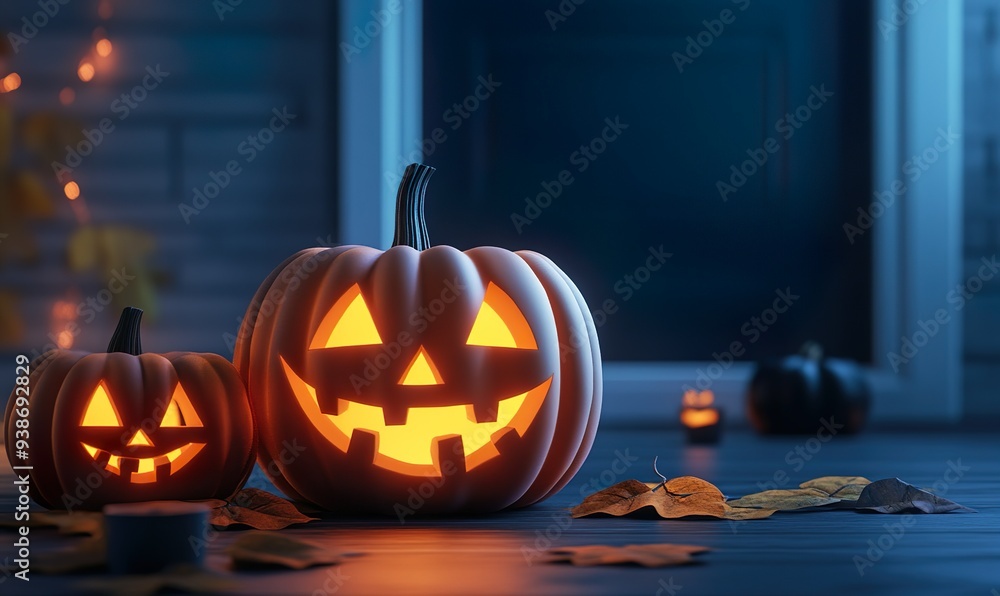 Glowing Halloween Jack-O'-Lantern Pumpkins on a Dark Porch with Autumn Leaves and Festive Decorations Creating a Spooky Atmosphere for the Perfect Halloween Night Glowing Halloween Jack-O'-Lantern Pumpkins on a Dark Porch with Autumn Leaves and Festive Decorations Creating a Spooky Atmosphere for the Perfect Halloween Night