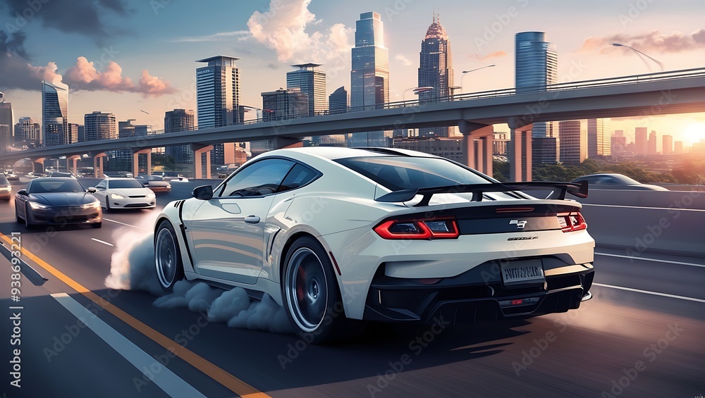 High resolution digital artwork depicting a white sports car speeding down a city highway. Ai generated. High resolution digital artwork depicting a white sports car speeding down a city highway. Ai generated.
