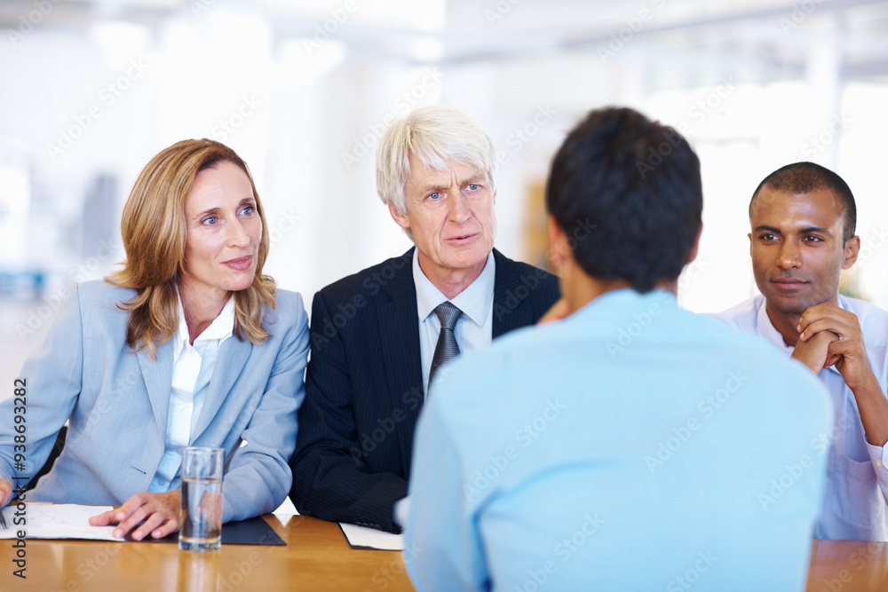 Team, business people and candidate in office for interview, questions and hiring process for corporate. Interviewer, human resources staff or job seeker in boardroom for recruitment, answer or intro Team, business people and candidate in office for interview, questions and hiring process for corporate. Interviewer, human resources staff or job seeker in boardroom for recruitment, answer or intro