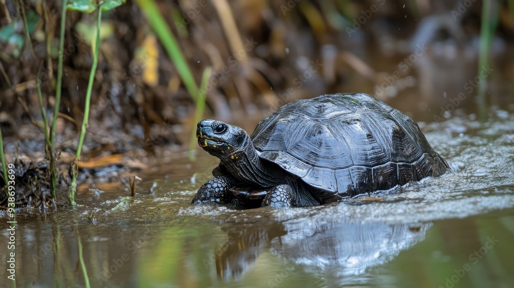 Obraz premium Black River Turtle in a Shallow Stream