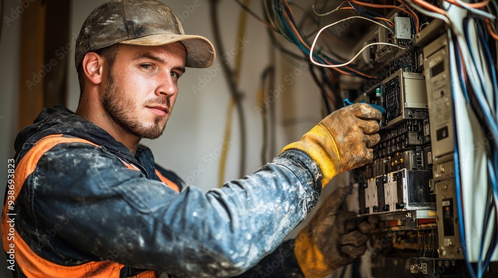 A maintenance worker in his 40s, repairing a broken electrical panel in an industrial setting A maintenance worker in his 40s, repairing a broken electrical panel in an industrial setting