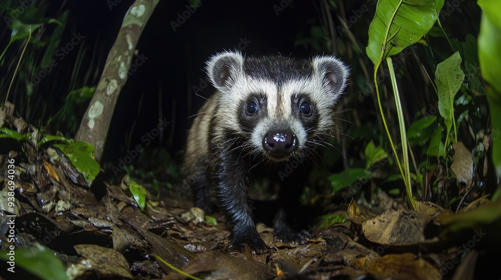 Obraz premium A Close-Up of a Javan Ferret Badger in the Forest at Night