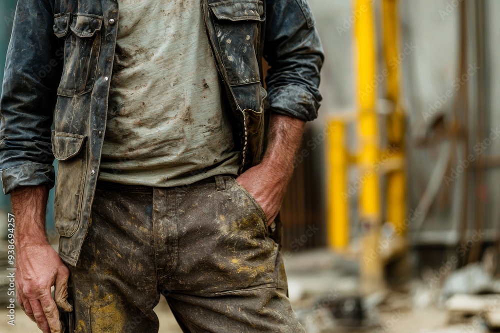 Lifestyle of Middle-Class Worker: Portrait of a skilled construction worker, wearing a worn-out t-shirt, durable work pants, and a slightly dirty heavy-duty jacket. Lifestyle of Middle-Class Worker: Portrait of a skilled construction worker, wearing a worn-out t-shirt, durable work pants, and a slightly dirty heavy-duty jacket.