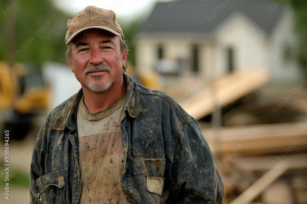 Fototapeta premium Portrait of a skilled construction worker, wearing a worn-out t-shirt, durable work pants, and a slightly dirty heavy-duty jacket.