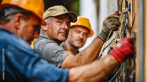 A diverse group of electricians working together in a small community