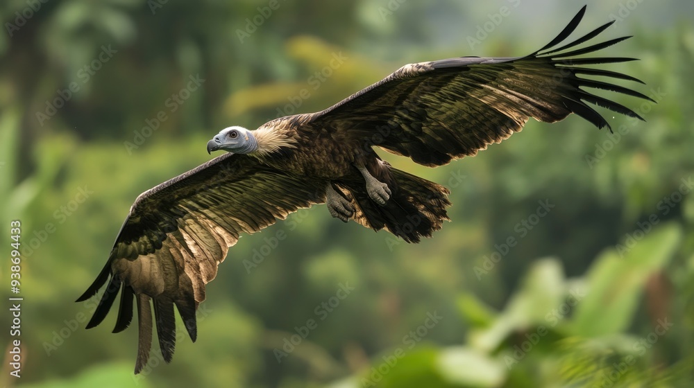 Obraz premium A Eurasian Griffon Vulture Soaring Through a Lush Green Forest