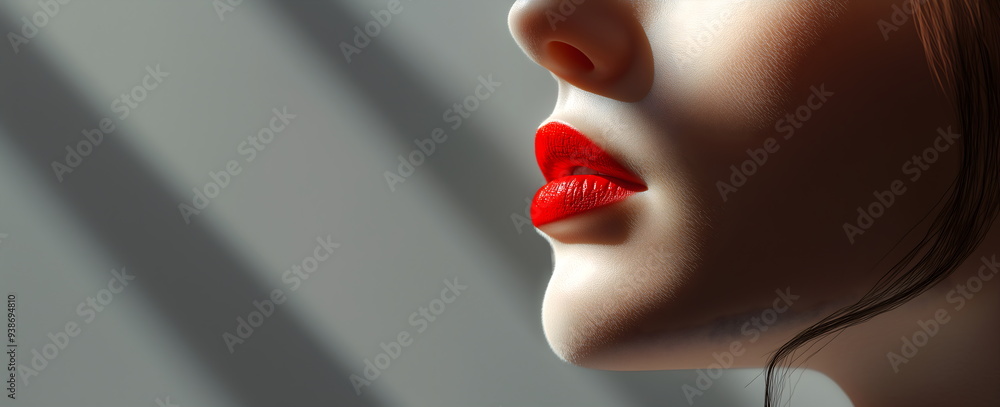 Obraz premium Lips with bright red lipstick close-up. Portrait of a girl with parted lips in profile. Bright face makeup. The concept of beauty, fashion and cosmetics. Sensuality and sexuality.